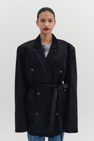 벨티드 더블 브레스티드 블레이저 - 블랙