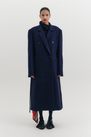 테일러드 벨티드 롱 코트 - 네이비