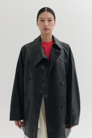 언밸런스 카라 레더 점퍼 - 블랙