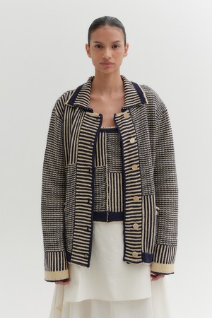 텍스처 스트라이프 니트 가디건 - 네이비/베이지