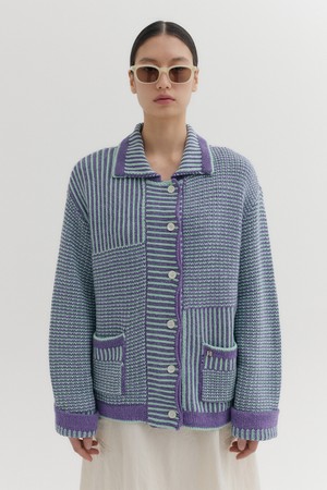 텍스처 스트라이프 니트 가디건 - 바이올렛