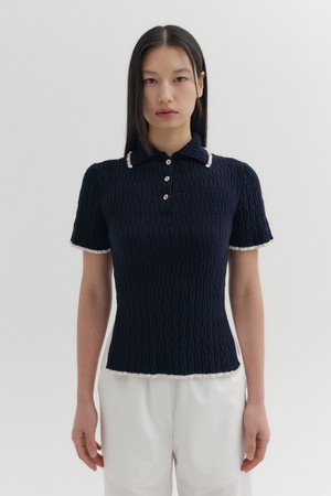 콘트라스트 하프 슬리브 니트 탑 - 네이비