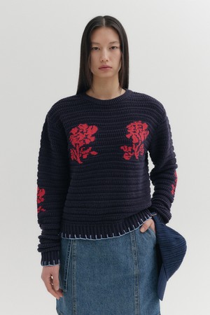 프로럴 자카드 니트 탑 - 네이비