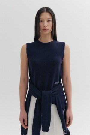 로고 자수 니트 탑 - 네이비