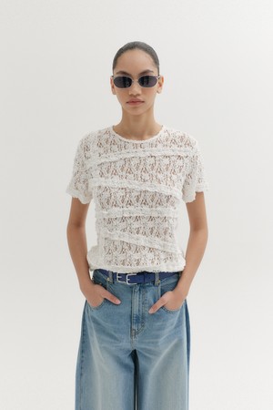 레이스 패널 디테일 티셔츠 - 아이보리