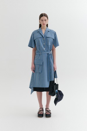 벨티드 로우 웨이스트 셔츠 드레스 - 블루