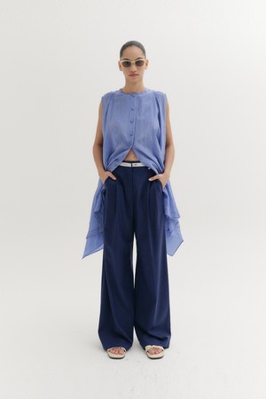 웨이스트 레터링 와이드 팬츠 - 네이비