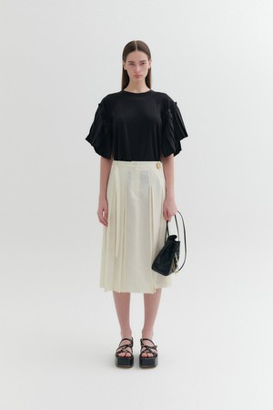 벨티드 플리츠 미디 스커트 - 아이보리