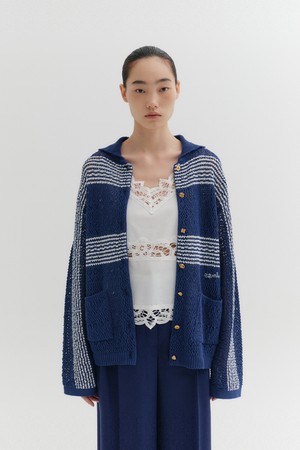 투톤 니트 가디건 - 네이비