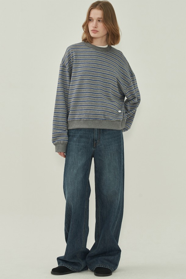 스트라이프 패턴의 스티치 스웻셔츠 - Stripe Gray입니다. 남녀 공용으로 제작되어 캐주얼하고 베이직한 스타일을 연출하기 좋습니다. 부드러운 면 소재로 제작되어 편안한 착용감을 제공하며, 봄, 가을에 적합합니다. 라운드넥과 루즈핏 디자인으로 편안함을 더하고, 긴소매 기장과 레귤러 기장으로 깔끔한 실루엣을 완성합니다. 그레이 컬러 바탕에 스트라이프 패턴과 스티치 디테일이 포인트로 들어가 미니멀한 무드를 더합니다.
