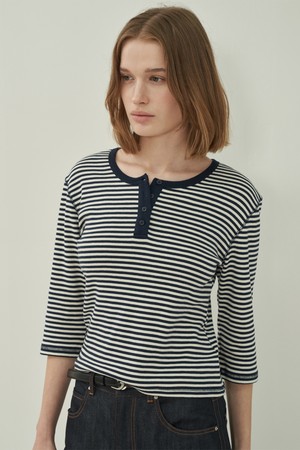 헨리넥 슬림 티셔츠 - Stripe Navy