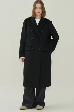 울 더블 롱 코트 - Black