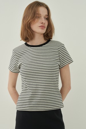 더블넥 코튼 티셔츠 - Stripe Ivory