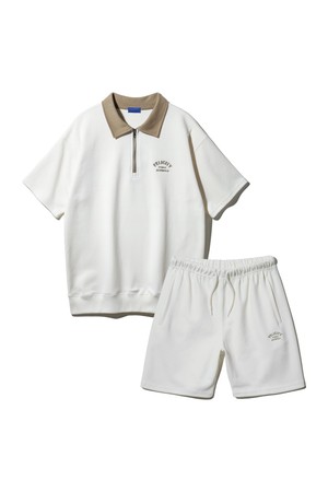 [SET] FELICITY 반집업 배색 카라 반팔 맨투맨 밴드 반바지 셋업