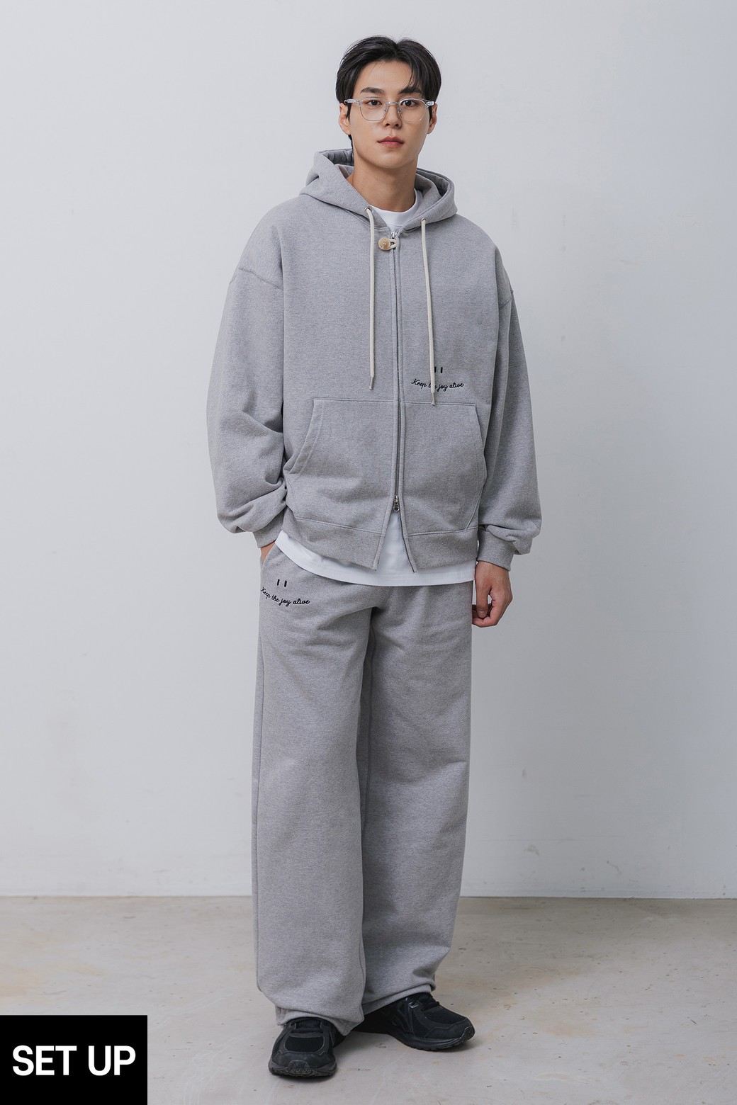 BAKKEN - 하프팬츠 - 바켄 스마일 자수 로고 2WAY 버튼 후드집업 세미와이드 팬츠 셋업 BK7985_9985