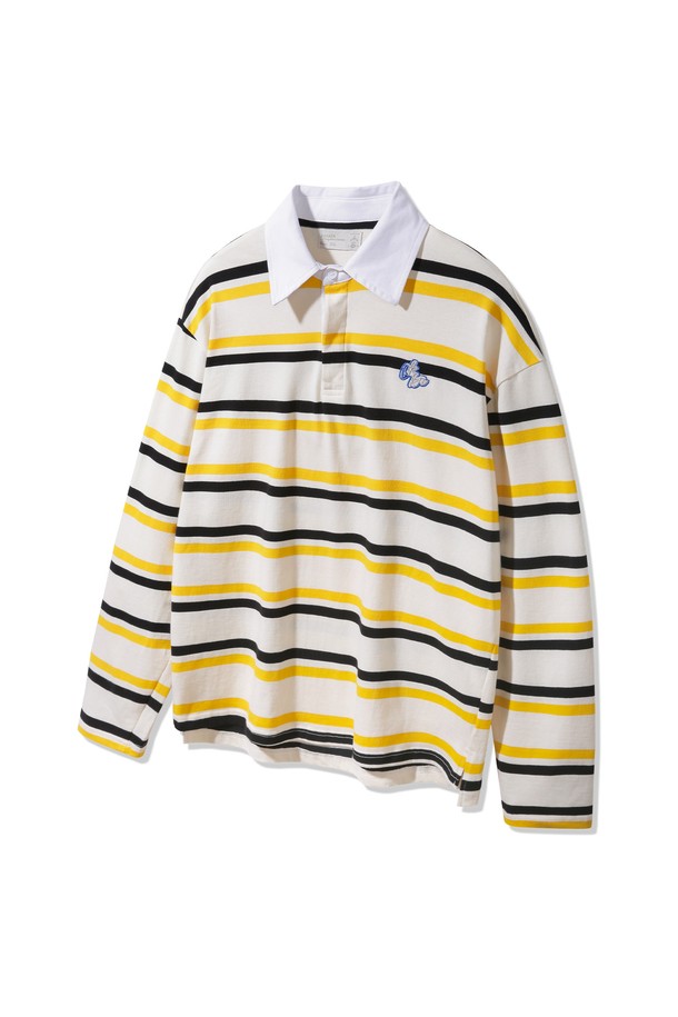 멀티 스트라이프 럭비 카라 롱 슬리브 BK7828_크림은 봄, 가을에 착용하기 좋은 공용 럭비 티셔츠입니다. 크림, 네이비, 블랙, 옐로우 컬러의 스트라이프 패턴과 레귤러 핏으로 프레피, 스포티한 스타일을 연출합니다. 부드러운 면 소재로 제작되었으며, 카라 뒷면 스트라이프 원단 덧대기, 미니멀 로고 자수 패치, 앞뒤 기장 차이, 옆 트임 등의 디테일이 돋보입니다. 동네 마실룩, 카페룩 등 일상적인 TPO에 활용하기 좋습니다.
