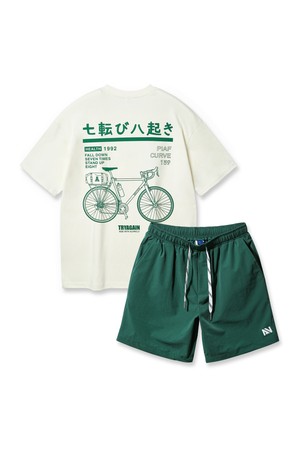 [SET] 바이시클 오버핏 반팔티 스트링 포인트 우븐 반바지 셋업