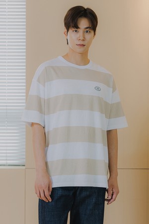 스트라이프 자수 로고 반팔 티셔츠 BK4214