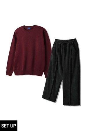 [SET] 베이직 라운드 니트 핀턱 와이드 밴딩 팬츠 셋업