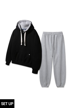 [SET][더블코튼/기모] 앨빈클로 후드 배색 무지 오버핏 후드티 조거/세미와이드 팬츠 셋업