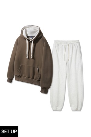 [SET][더블코튼/기모] 앨빈클로 후드 배색 무지 오버핏 후드티 조거/세미와이드 팬츠 셋업