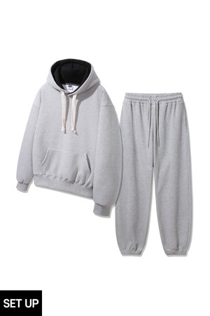 [SET][더블코튼/기모] 앨빈클로 후드 배색 무지 오버핏 후드티 조거/세미와이드 팬츠 셋업