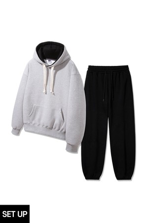[SET][더블코튼/기모] 앨빈클로 후드 배색 무지 오버핏 후드티 조거/세미와이드 팬츠 셋업