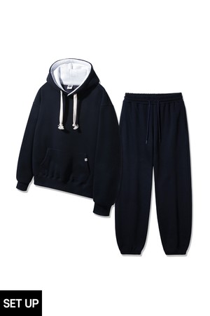 [SET][더블코튼/기모] 앨빈클로 후드 배색 무지 오버핏 후드티 조거/세미와이드 팬츠 셋업