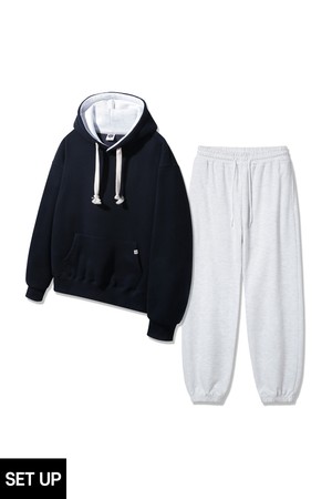 [SET][더블코튼/기모] 앨빈클로 후드 배색 무지 오버핏 후드티 조거/세미와이드 팬츠 셋업