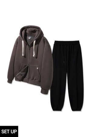 [SET][더블코튼/기모] 앨빈클로 무지 오버핏 투웨이 후드 집업 조거/세미와이드 팬츠 셋업