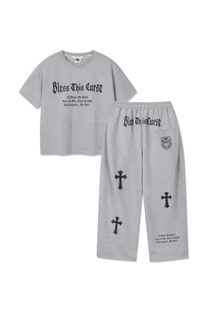 [SET] 앨빈클로 BLESS 크롭핏 반팔티셔츠 원턱 와이드 트레이닝 바지 셋업