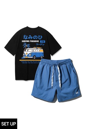 [SET] 앨빈클로 CAMPER VAN 반팔티셔츠 스트링 포인트 우븐 반바지 셋업