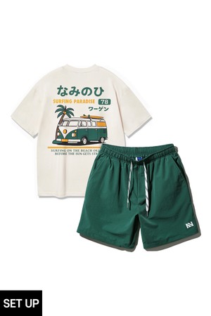 [SET] 앨빈클로 CAMPER VAN 반팔티셔츠 스트링 포인트 우븐 반바지 셋업