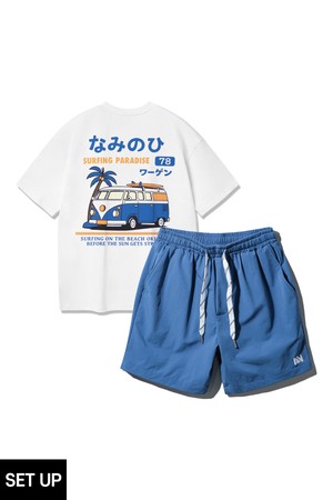 [SET] 앨빈클로 CAMPER VAN 반팔티셔츠 스트링 포인트 우븐 반바지 셋업