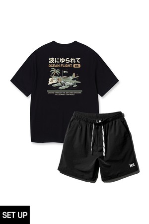 [SET] 앨빈클로 OCEAN FLIGHT 반팔티 스트링 포인트 우븐 반바지 셋업