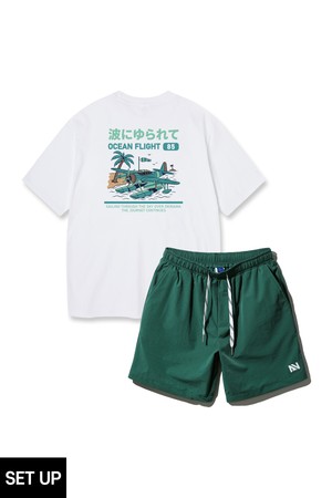 [SET] 앨빈클로 OCEAN FLIGHT 반팔티 스트링 포인트 우븐 반바지 셋업