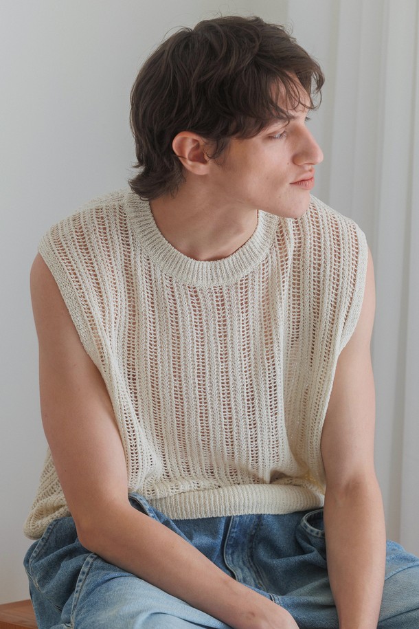 KNITLY - 스웨터 - [22Summer] Linen Net Round Vest (Natural)