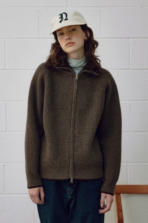 [23F/W] [Women] Wool Cotton Line Ribbed Zip-Up (Choco brown)