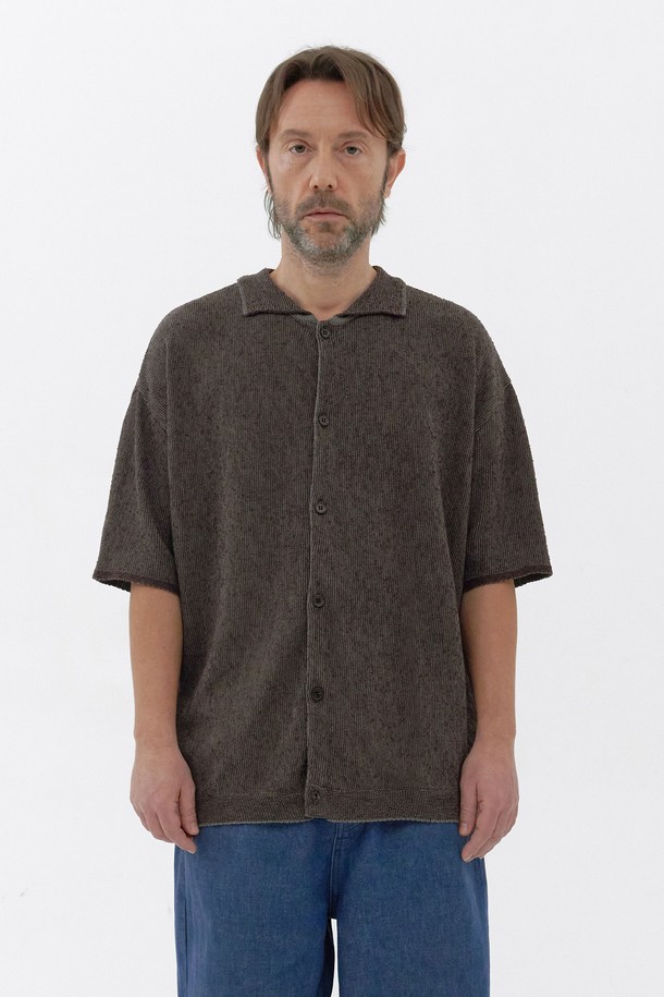 KNITLY - 가디건 - [24S/S] [Men] Textured Paper Half Shirt (Khaki/Brown)