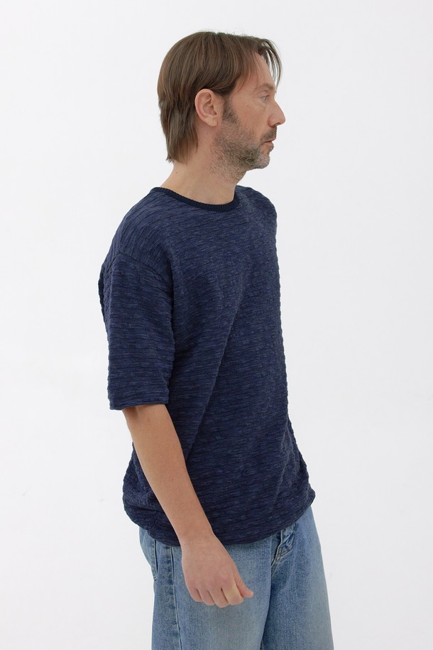 KNITLY - 스웨터 - [24S/S] [Men] Slub Stripe Knit T-Shirt (Navy)