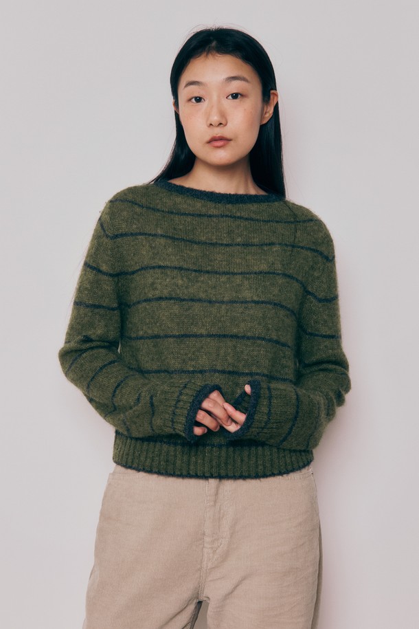 KNITLY - 스웨터 - [24F/W] Baby Alpaca Boat Neck Sweater (Stripe_Green)