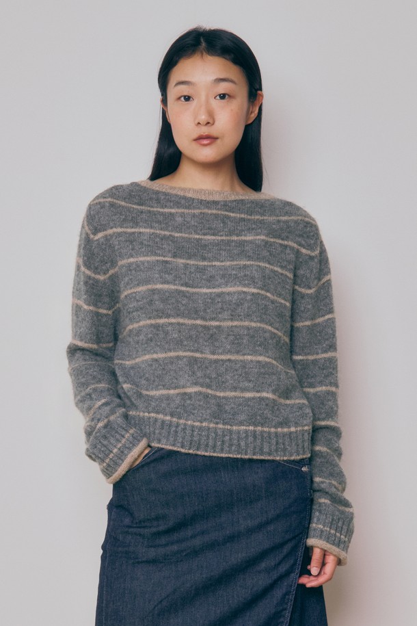 KNITLY - 스웨터 - [24F/W] Baby Alpaca Boat Neck Sweater (Stripe_Grey)