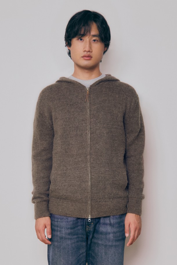 KNITLY - 가디건 - [24F/W] [Men] Baby Alpaca Hooded Zip-Up Pocket Cardigan (Brown)