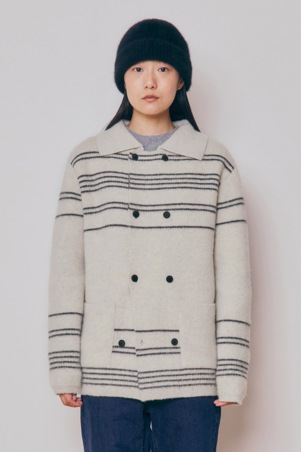 KNITLY - 스웨터 - [24F/W] [Women] Wool Knitting Double Coat (Stripe_Ivory)