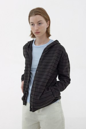 [24S/S] [Women] Hemp Cotton Stripe Hooded Cardigan (Charcoal)