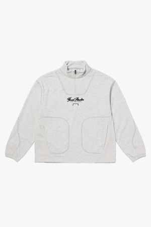 WOVEN PATCH TERRY FLEECE QUARTER ZIP-UP-MELANGE GREY