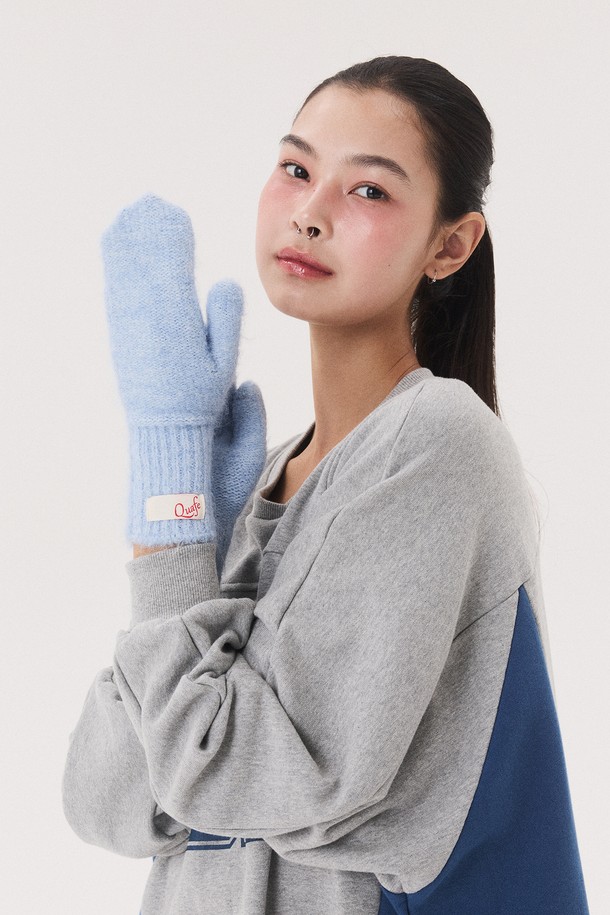 Quafe - 장갑 - LABEL KNITTED MITTENS_ice blue