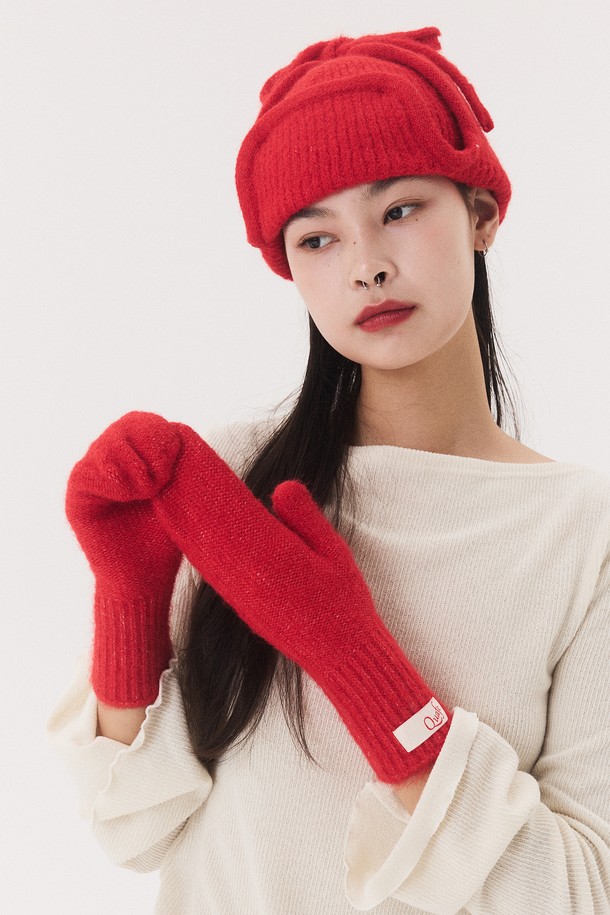 Quafe - 장갑 - LABEL KNITTED MITTENS_red