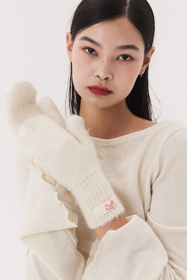 Quafe - 장갑 - LABEL KNITTED MITTENS_ivory