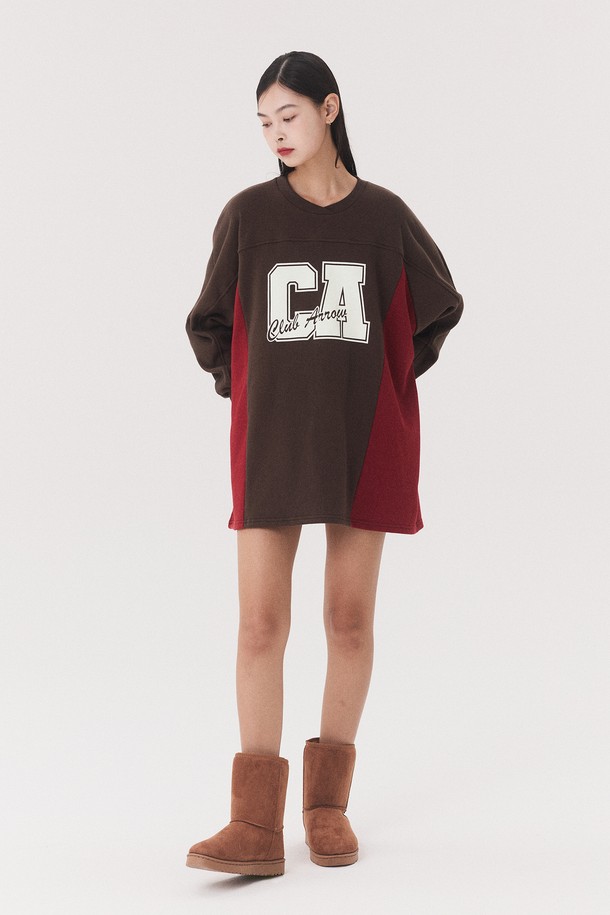 Quafe - 긴소매 원피스 - PRINTED COLORBLOCK MTM ONEPIECE_brown/red